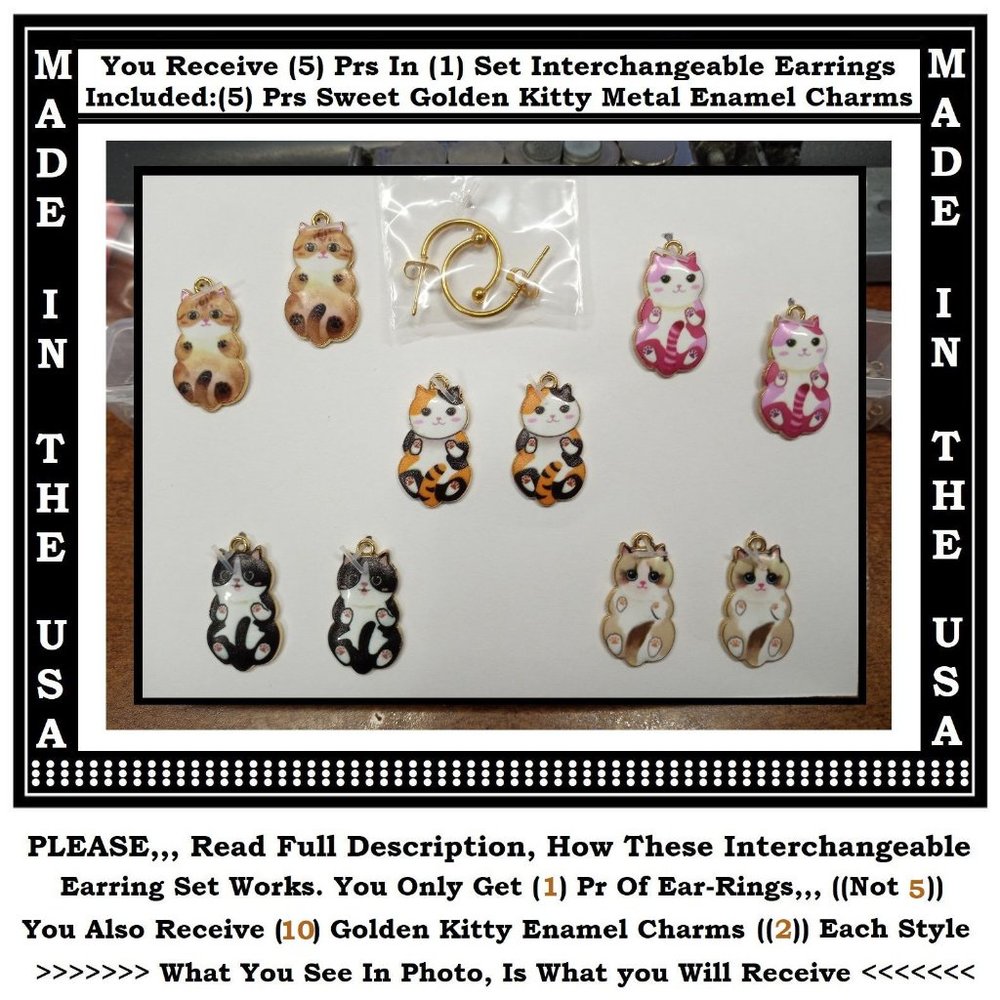 NEW Kitty Cat Interchangeable Charm Earrings 5 Pairs In 1 Set Stainless Steel